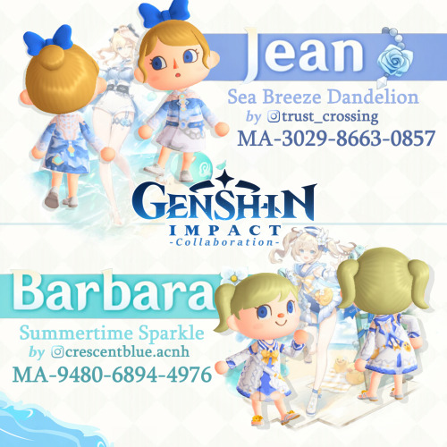 happyhappydesigns:Genshin Impact Cosplay Collaboration - Midsummer Island Adventure Edition!I had the joy of pairing up with another designer to bring you Jean and Barbara’s summer skins from Genshin Impact - but in Animal Crossing: New Horizons! Hope you enjoy!Sea Breeze Dandelion Jean: by @trust_crossing on IG!Summertime Sparkle Barbara: by me! #type: coat #long sleeve dress #dress#clothes#cosplay#genshin impact