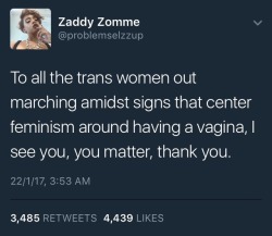 incognitominds:An important tweet regarding the Women’s March today, thought I’d share it on here. Also, please remember to keep feminism intersectional today and always. Please understand that i your feminism isn’t intersectional, it’s counter