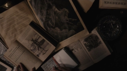 cinematic-literature:Penny Dreadful S03E07 (Ebb Tide)Picture 1: a book is illustrated with a winged 