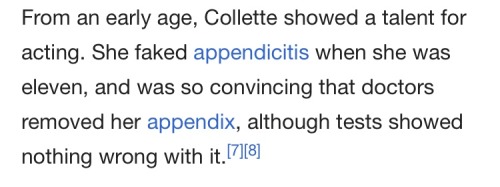 lax:a-little-nine-music:also found the funniest paragraph in Toni Colette’s wikipedia page the other