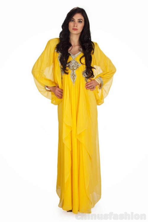 Emma Yellow Chiffon Gown Style Kaftan This Victorian-like couture creation is combined with pure chi