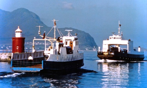 Ferry and Boat Passing, Entrance to Harbor, Ålesund, Møre og Romsdal, Norway, 1972.