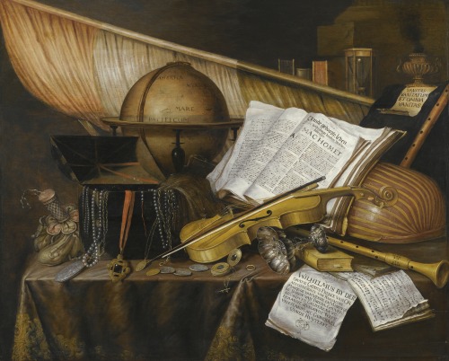 A Vanitas Still Life with Books and Leaflets, a Globe, a Princely Flag, a Musical Score, Musical Ins