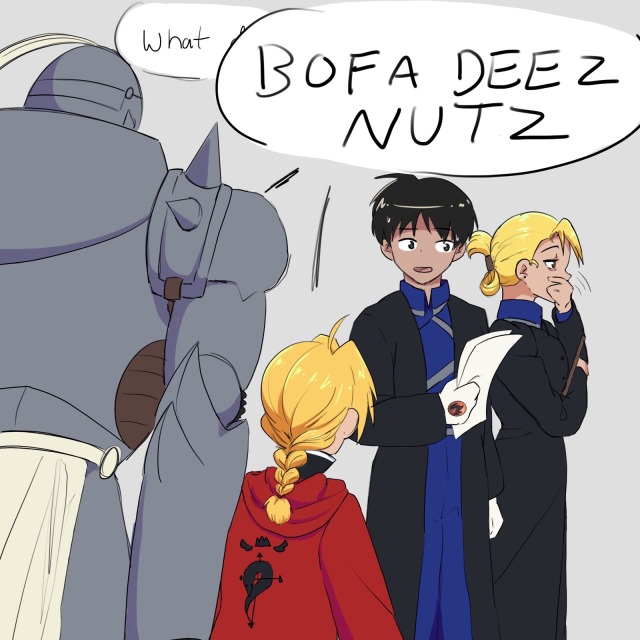 roy begins to ask what- but is cut off by ed and al totally dunking on him with a bofa deez nuts joke. riza has a tired expression as her hand covers her mouth.