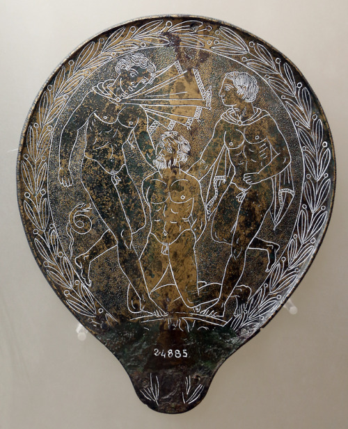 elizabethathertonwriting:Mirror with a design of Ulysses and Diomedes with Dolon (or Castor and Poll
