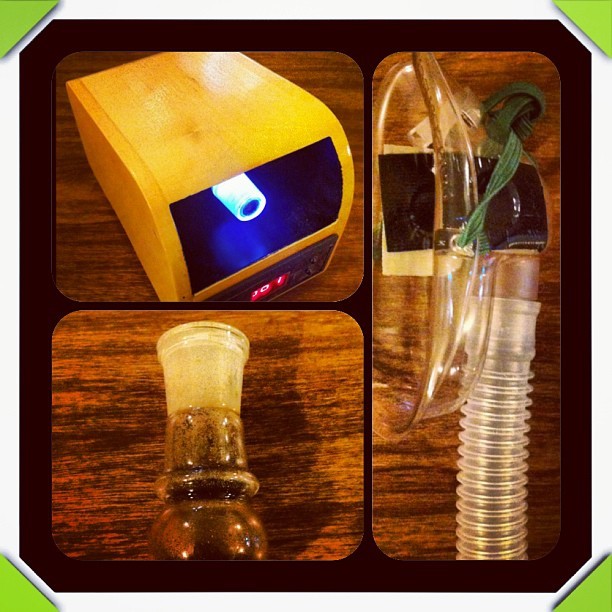 Vaporizer, check. Whip and bowl, check. Custom face mask mouthpiece, check. Time
