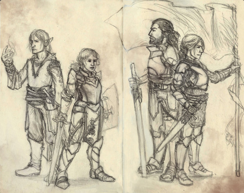 Sketchbook pages of my own characters. Erh, was doing armor studies and.. things ran away.