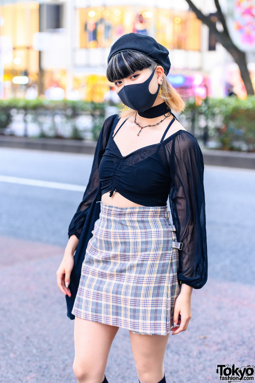 20-year-old Japanese student and dancer Shion on the street in Harajuku wearing a sheer vintage crop