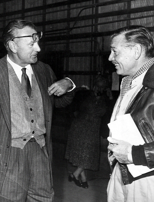 gregorypecks:  Gary Cooper visiting Clark Gable on set, 1955.