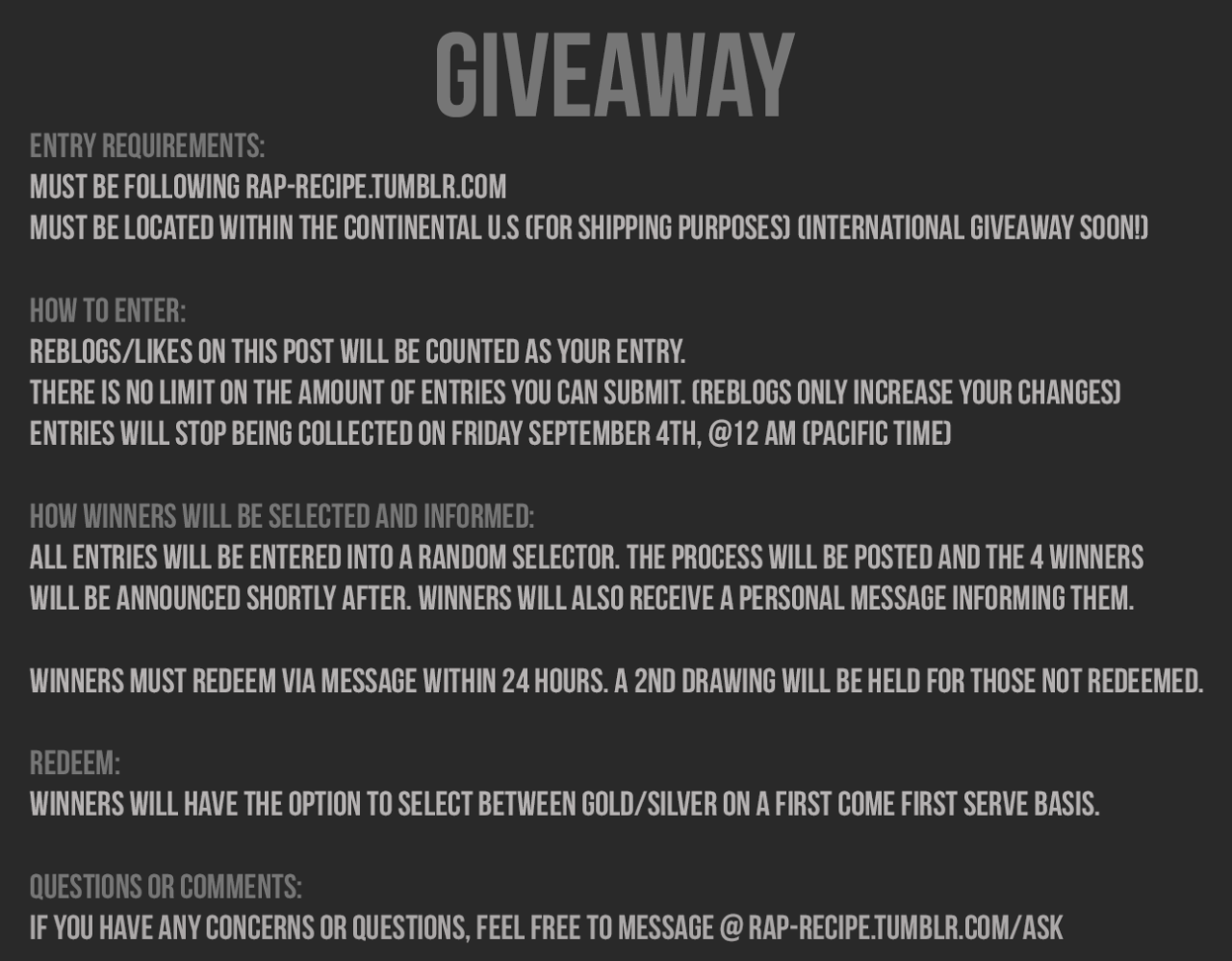 rap-recipe:  Here is the giveaway I promised. I will hold one soon for those who