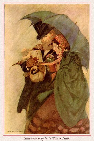 oldsolidbooks:Some classic illustrations of Jo and Fritz under the umbrella — by Jessie Wilcox Smith