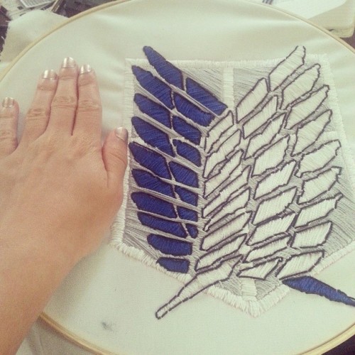 Back patch for my #snk #cosplay is finally complete! Here’s my babyhand as a scale. Only two more patches to go…