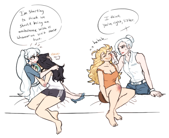 dashingicecream: continuation to this au prompt because for some reason this is what my hand wanted to draw so… yang n blake got in a scuffle with some bad dudes (as they do) and schneesters visit their apartment together to see them two tending to