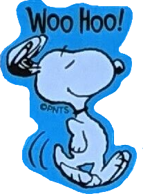 sticker of snoopy from peanuts. he is running with a proud grin on his face. the sticker has a blue trim and reads 'woo hoo!'