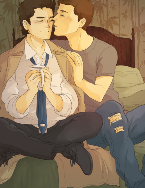 chromehearts:Commission for iliketointernetalot, who wanted cute Destiel, so I drew Dean nursing a s