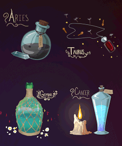 thewitchystuff:  ☆ﾟ..ﾟ☆ MAGIC ZODIAC☆ﾟ..ﾟ☆  Aries: Strength Potion Taurus: Turn of Fate Potion Gemini: Anxiety Free Potion Cancer: Healing PotionVirgo: A Glimpse to the future PotionLeo: Make Amends PotionLibra: Hex breaker Potion
