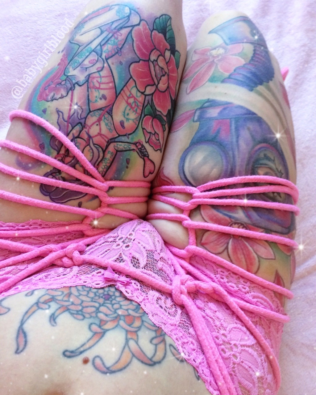 babygirl-blood: Cute @ddlgworldshop pink shibari rope harness I created 💕🎀