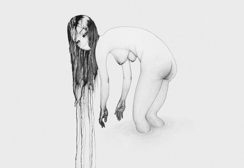 strange naked girl black and white illustration