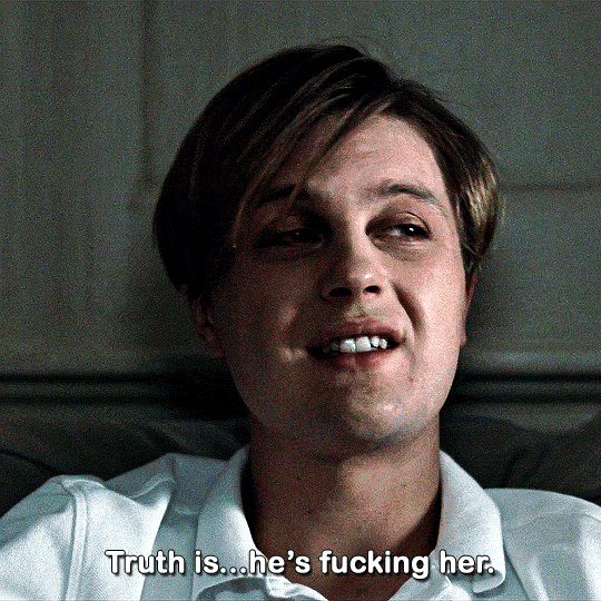 dailyflicks:It’s not true! He’s lying! My mother got a divorce because…Because she wanted her little teddy bear all to herself. Which is why he’s gay, and a criminal, got it?FUNNY GAMES (2007) dir. Michael Haneke  