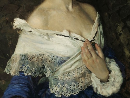 paintingispoetry:Konstantin Somov, Lady in blue - Portrait of Ye.M. Martynova detail, ca. 1897-1900 