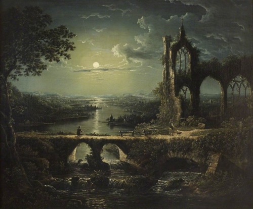 centuriespast:Moonlit River Scene with a Ruined Gothic Church, and a Stone Bridge with an AnglerWill