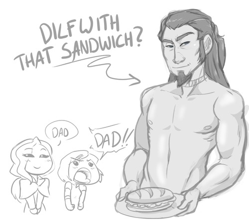 montypla replied to your post: I told my friend that like MILFs there…a jar of dilfs. dilf slices on a sandwich.my dumb excuse to draw Tonraq :B
