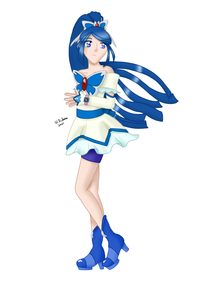 Digital fullbody drawing of Cure Aqua from Yes PreCure 5, facing left and looking back over her shoulder with her hair flowing behind her, smiling serenely, hands together in front of herself.