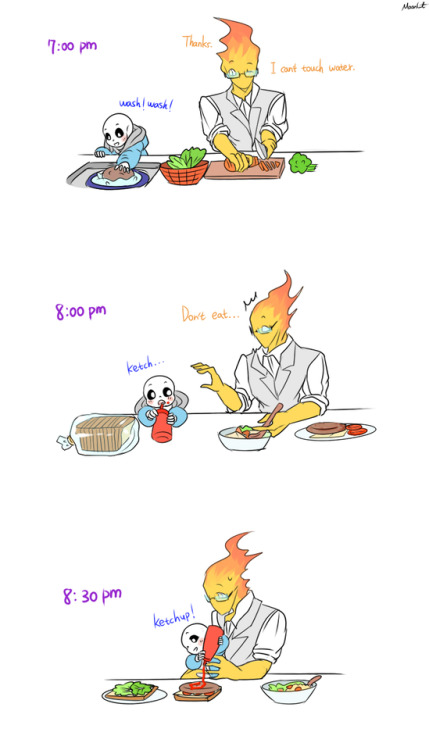 mooncatyao:  [Dinner] Grillby & little Sans<First part>(Previous)/(NEXT)                                                         
