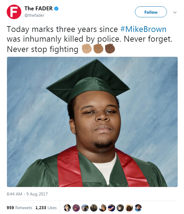 nevaehtyler: On this day 3 years ago Mike Brown died because a trigger-happy cop