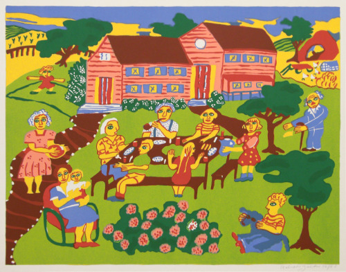 Untitled (summer picnic) ,c. 1975  Malcah Zeldiscolor serigraph