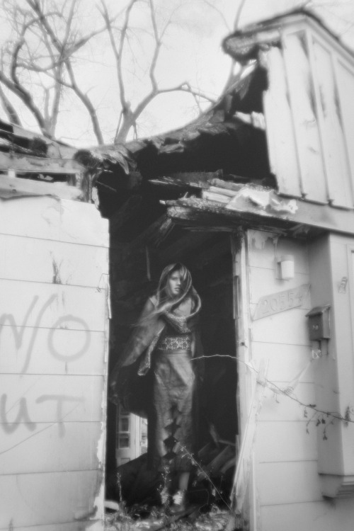 nataliekucken:  35mm film photographs from March 2012 in the arson-ed and vacant houses that are on every block in East Detroit- I sewed 3 looks out of mostly leather pieces and shot my friend Corinne who agreed to brave walking into the houses where