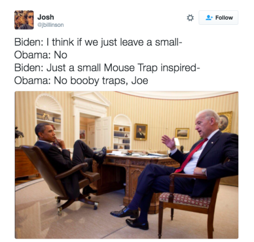 refinery29:  Excuse me but you’re going to have to check out these memes of Joe Biden plotting booby traps in the White House before Trump takes officeEnough said.