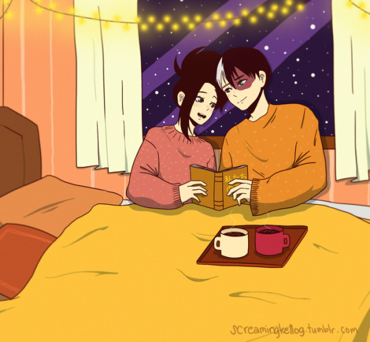 screamingkellog:  Here’s Shouto and Momo getting all warm and cozy on a cold winter’s night because why not, right? ₍՞◌′ᵕ‵ू◌₎♡ Also, Merry Christmas, everyone!