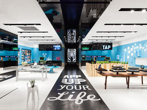 escapekit:  AER Coordination Asia, a Shanghai-based architecture firm known for creating visually robust environments, completed a new breed of telecom stores named AER for AISIDI, one of China’s leading resellers for mobile and digital products and