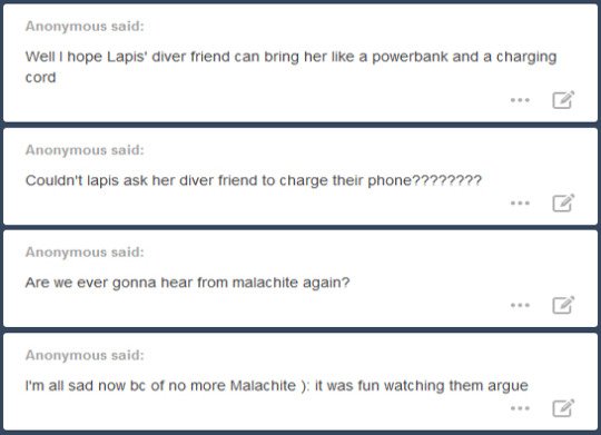 Anon answers under the cut! If you asked me an anonymous question between Thursday and now, the answer is likely right here.Let’s start with Malachite Sadness Corner Pt. 2Okay, I have a few points for y’all:There’s no need to be sad about Malachite