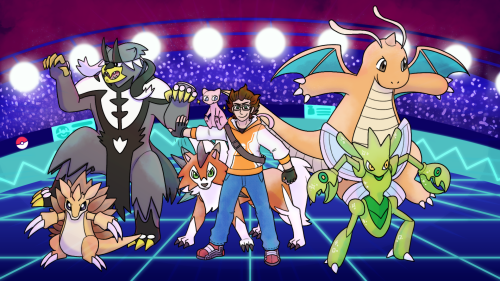 A recent commission for @gentlemangeek: a full team in battle poses! (plus a bonus chibi, and an ear