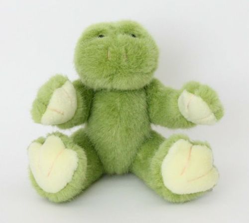 hholy:ebayplush:source[id: photo of a fuzzy frog plushie with its arms open. it has black bead eyes,