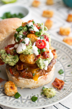 craving-nomz:Loaded Burgers with Tater Tots, Bacon, and Guacamole