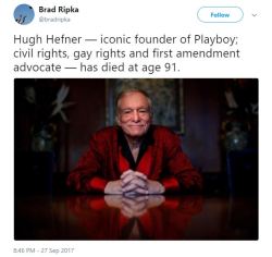 the-real-eye-to-see:   Hugh Hefner was a giant in publishing, journalism, free speech and civil rights. He was a true original and very progressive, and decades ahead of the rest of the U.S.    He always hired African Americans at a competitive and fair