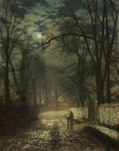artist-grimshaw:A moonlit lane, 1874, John Atkinson Grimshaw