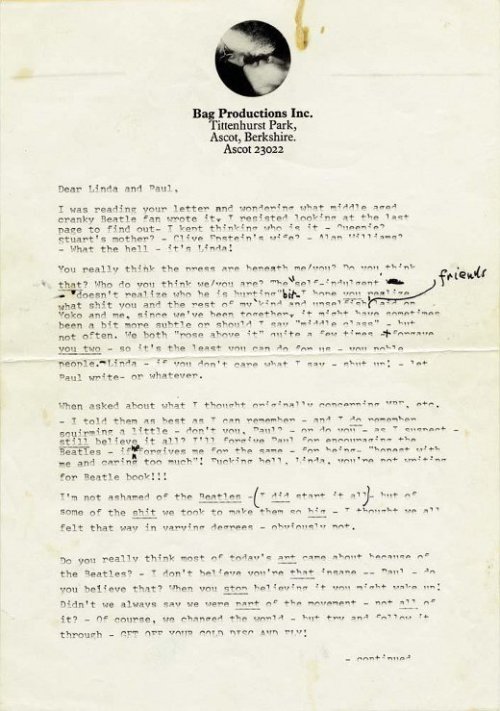 In 1971, John Lennon wrote the following scathing missive to Paul and Linda McCartney in response to