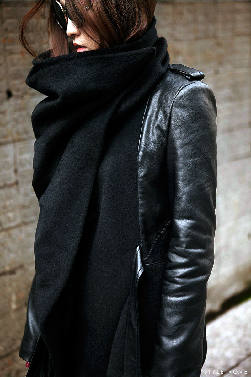 styletrove:  TREND LOVE: Cowl collared wool &amp; leather spliced jacket 