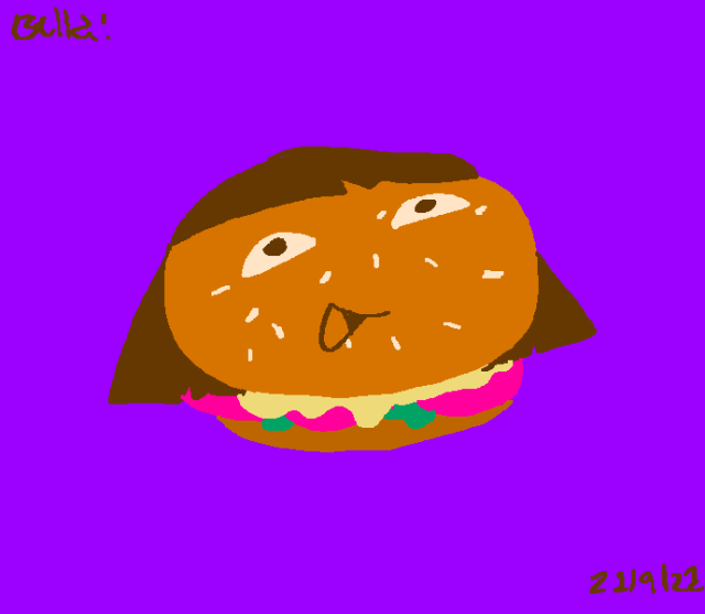 a burger that is strangely similar to Dora from Dora The Explorer and has many strange things inside it, the background is purple, she is smiling