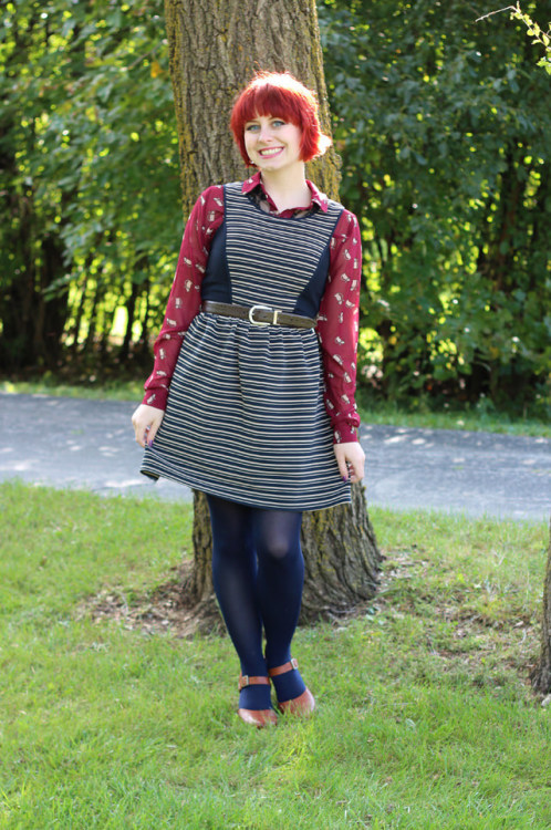 (via Petite Panoply: Outfit: Maroon Cat Print Top Layered Underneath a Sleeveless Striped Dress)