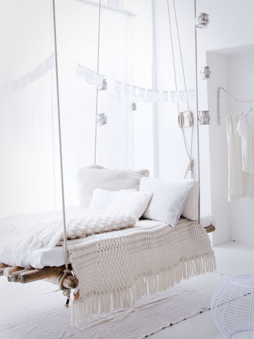 XXX cjwho:  A rustic bedframe offsets the floaty photo