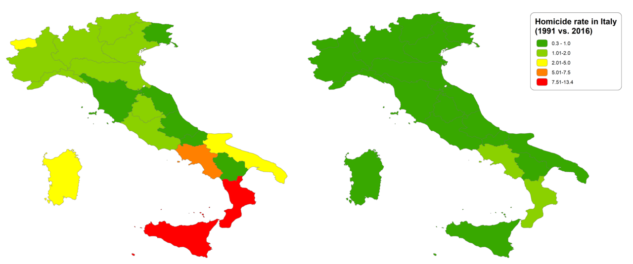 mapsontheweb:Homicide rates of Italy by region in 1991 and 2016.