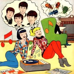 the60sbazaar:  Betty and Veronica listen to the Beatles  George Harrison looks like Alfred E. Neuman