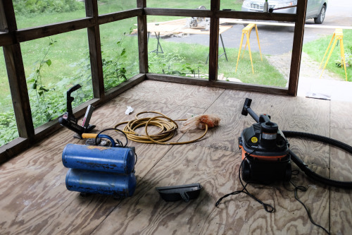 We renovated the porch floor in June. It was covered in decades-old outdoor carpet, but had an intac