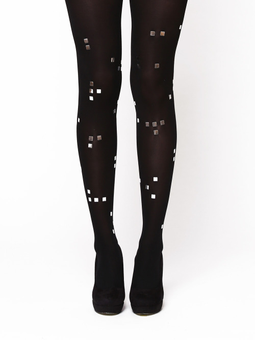 Silver Amsterdam TightsBlack semi-opaque tights with small silver squares. The pattern is glossy sil