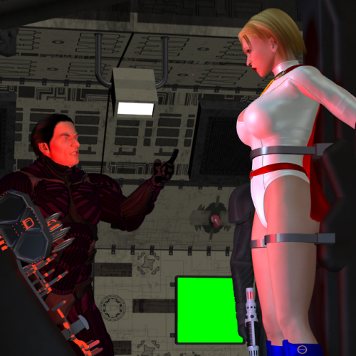 Some more 3D Poser art of me as Power Girl, as my captor continues his interrogation.Power Girl Capt